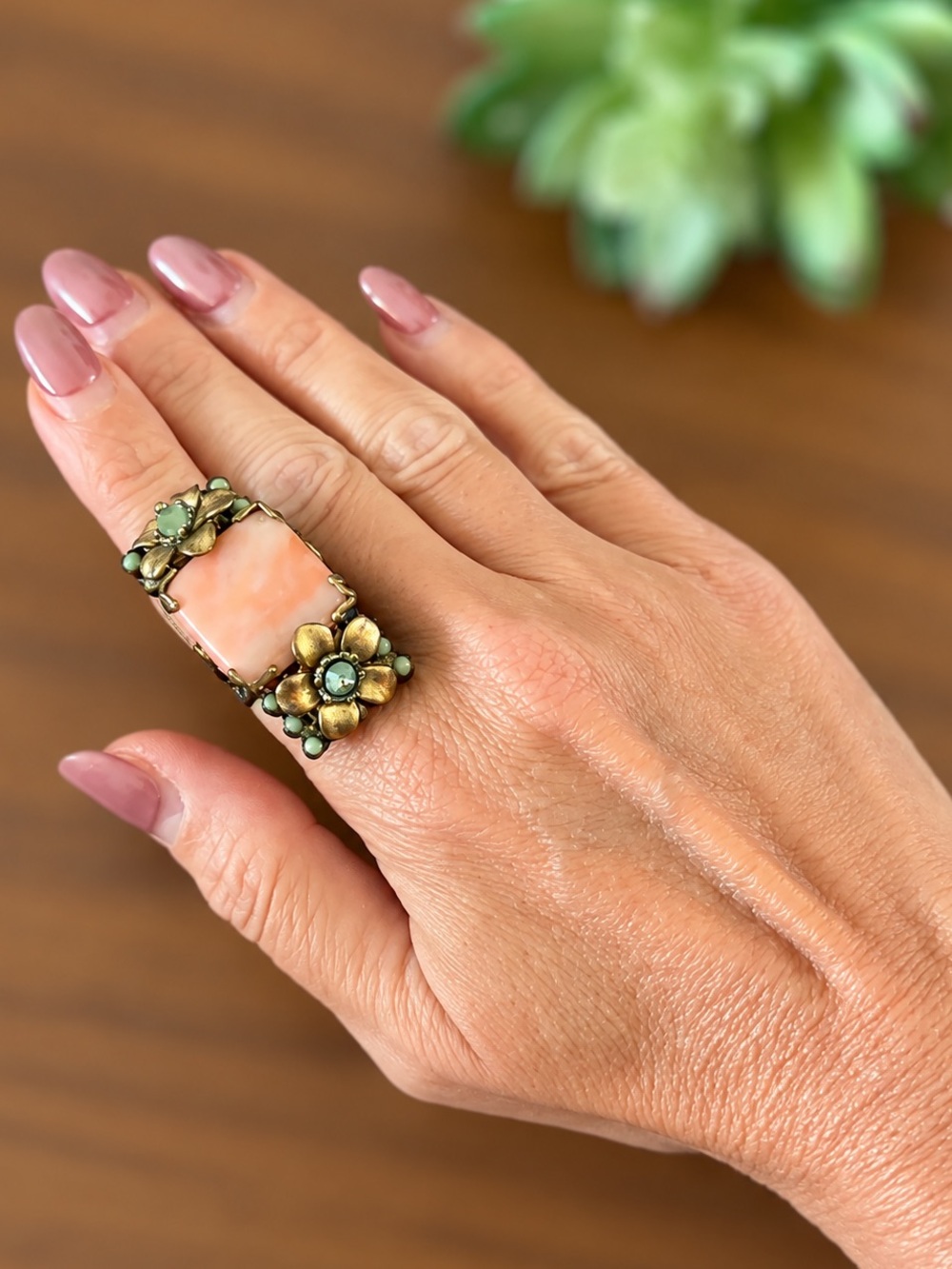 Vintage Square Coral and Green Beaded Floral Bronze Ring
